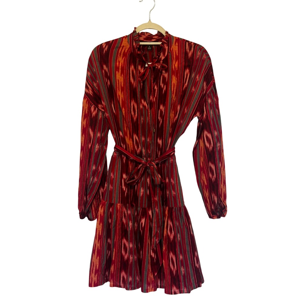 Lauren Ralph Lauren Red Ikat Stripe Cotton Tiered Mini Dress Size 6